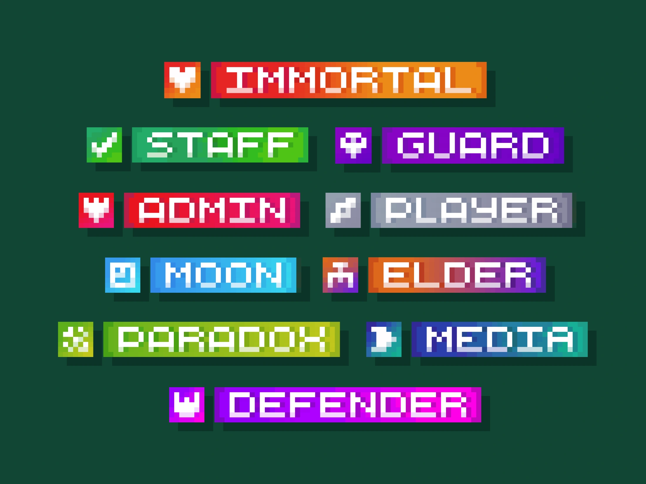 Пиксельные префиксы рангов для чата: Immortal, Staff, Guard, Admin и другие